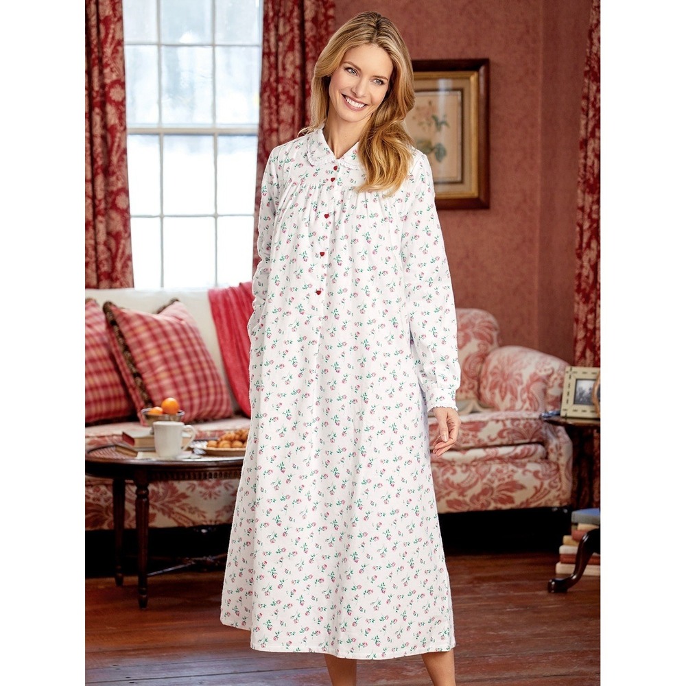 Lanz Of Salzburg Red Rose Cotton Flannel Nightgown Womens M Traditional Cottage